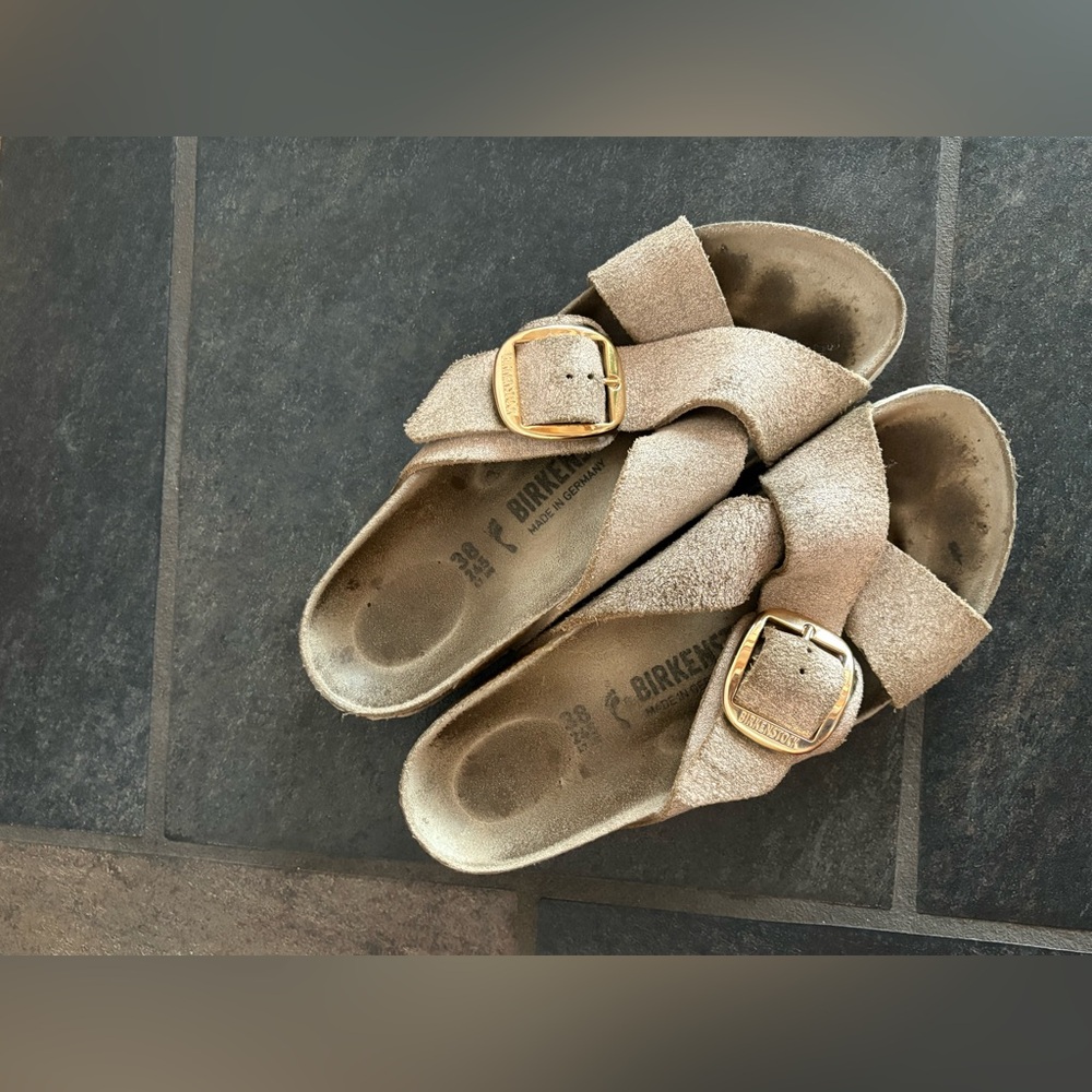 Birkenstock Tan Suede Sandals with Gold Buckles